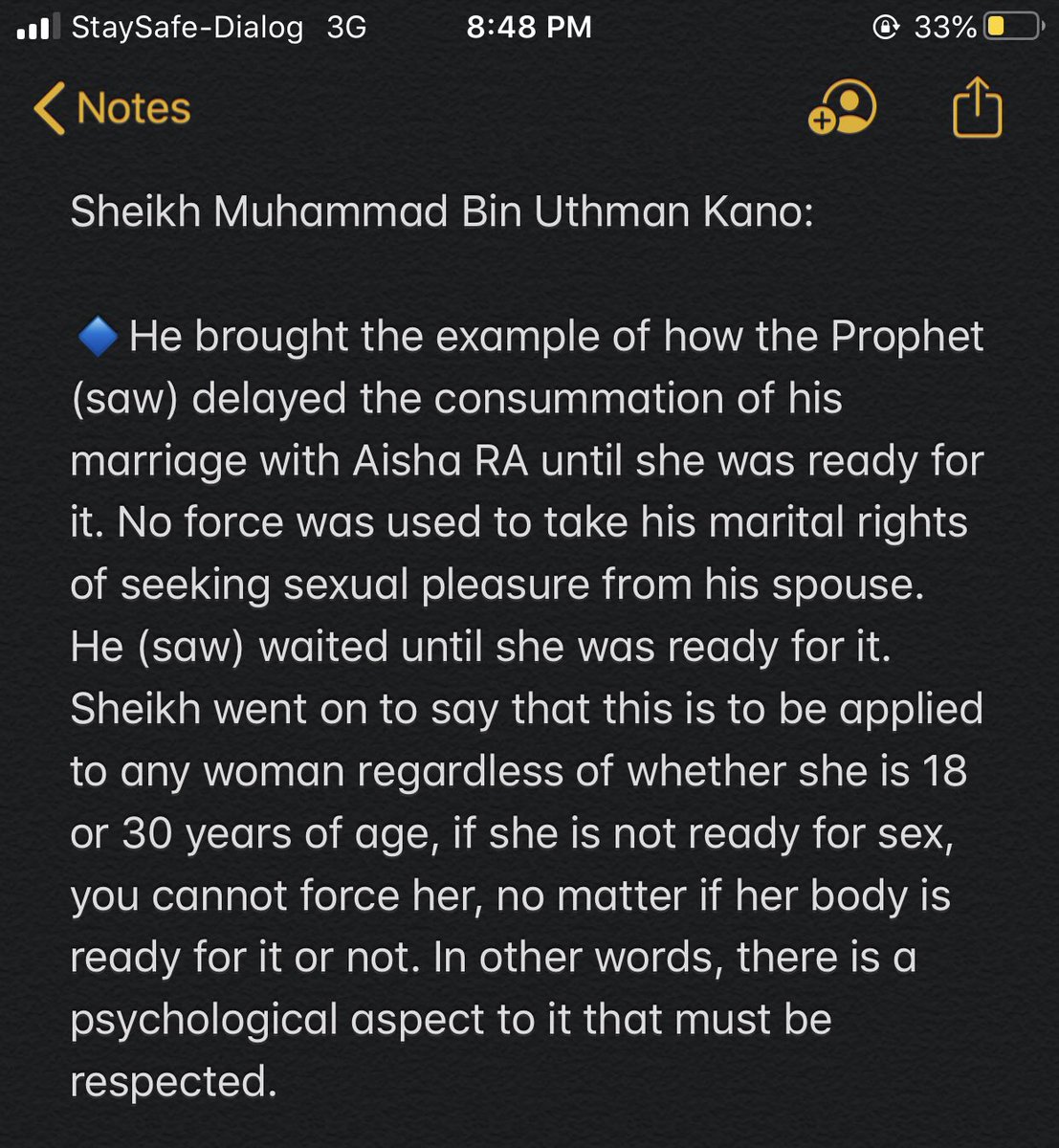 Notes from Sheikh Muhammad Bin Uthman KanoTopic: What Islam really says about the marriagable age of women.I'd like to apologise for my not-so-great notes. I haven't mentioned everything the speaker had addressed. But what little I have noted down I feel are still important.