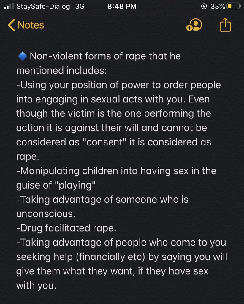 Notes from Imam Sharafudeen Abdulsalam Aliagan.Topic: Rape, Non-violent rape and their misconceptions in Islam.