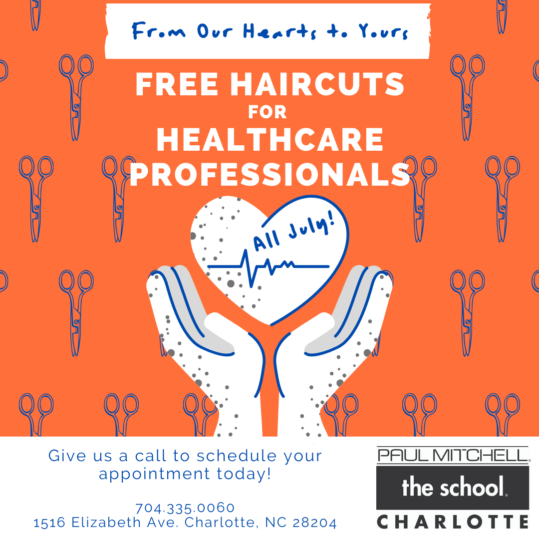 PMTSCharlotte's tweet photo. Help us SPREAD THE WORD!  FREE HAIRCUTS FOR HEALTHCARE PROFESSIONALS ALL MONTH!  Call us at 704.335.0060 to schedule your appointment today! https://t.co/7PncuguiOB