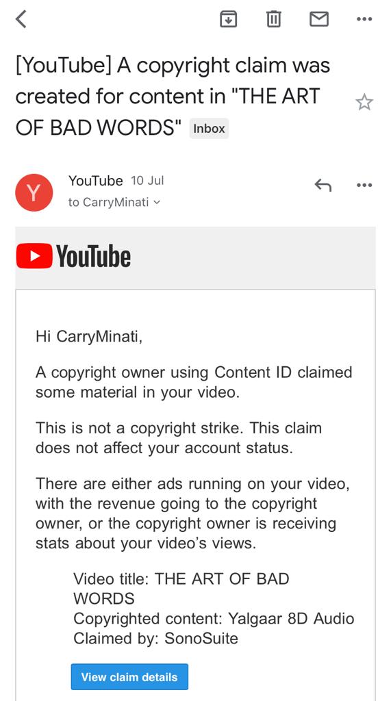 This is an appreciation post about @YouTubeIndia .Your system is the best! I got a copyright claim from someone else for my own song “Yalgaar” on the original track video and on my latest video. I truly appreciate someone else & you taking the revenue. 🤗🤗