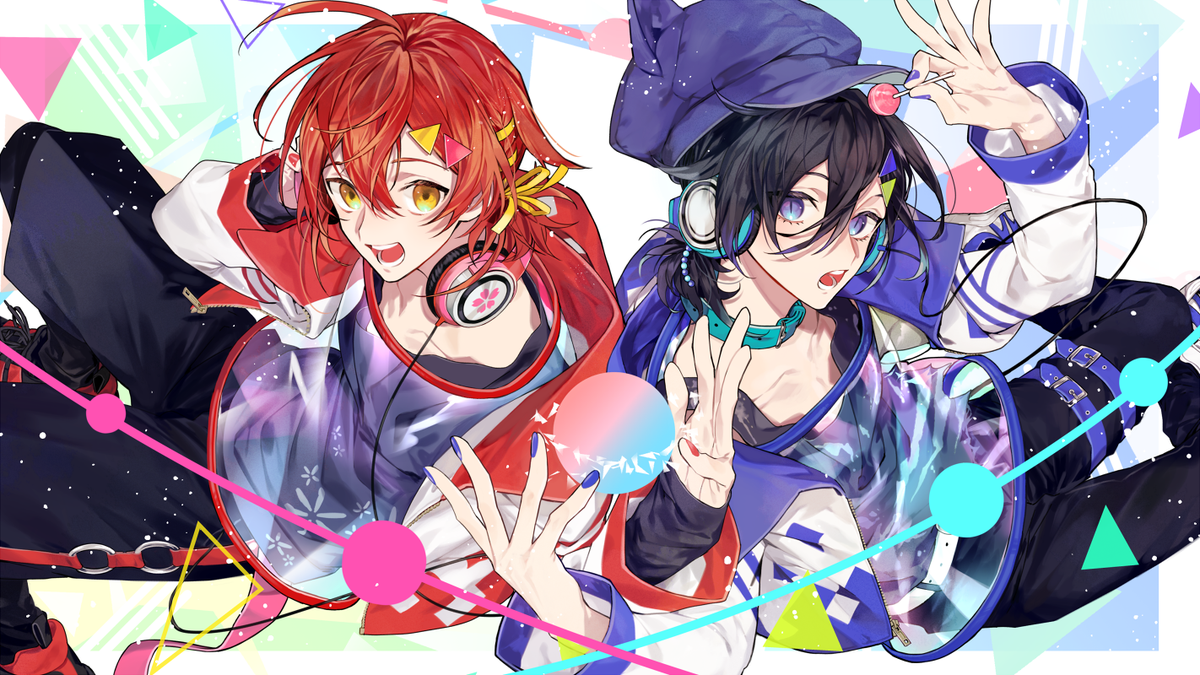 multiple boys headphones 2boys lollipop jacket red hair black hair  illustration images