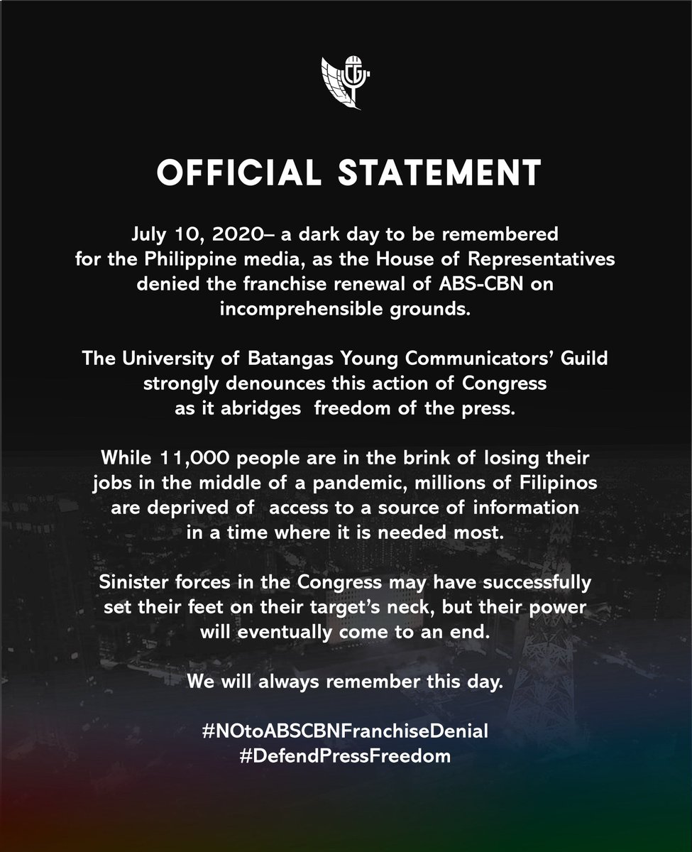 Official statement of the UB Young Communicators' Guild regarding the denial of ABS-CBN franchise 🔊

#NOtoABSCBNFranchiseDenial
#DefendPressFreedom