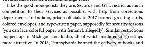 They've gotten states to ban greeting cards (could be contraband) so those emails would be the only form of allowable written communication: