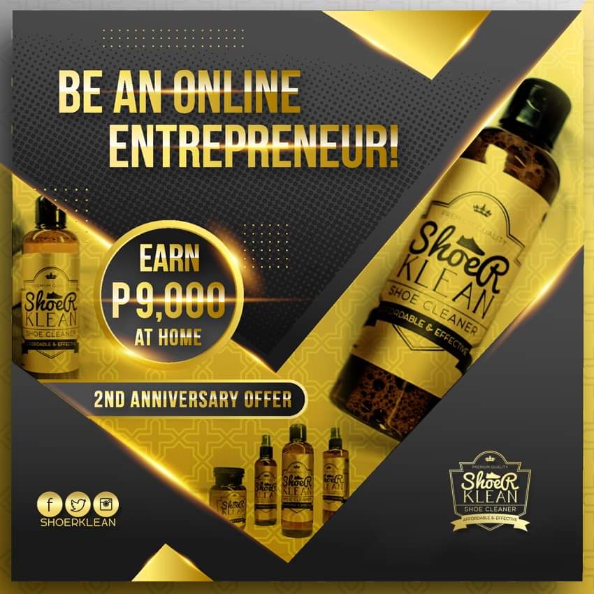 shoerklean's tweet photo. Be an Online Entrepreneur and Earn P9,000 up to P10,500 at home. How?

Since its ShoeR Klean's 2nd year Anniversary. 
We share to you our heartfelt gratitude in this time of crisis.

Be our online partner and start your own business for as low as P3,200 pesos! 
Limited time only! https://t.co/kq0nUdgKwT