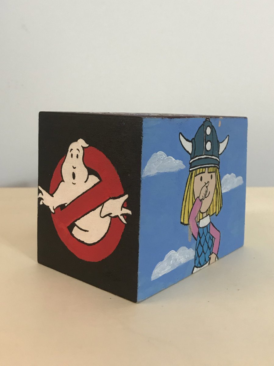 ArtCoobin's tweet photo. Feliz sábado!!! Aquí os dejo una hucha de madera pintada a mano con dibujos antiguos #MazinguerZ , #LosCazafantasmas , #VickyelVikingo y #LuckyLuck espero que os guste 😘 https://t.co/cx5bzZoMy9