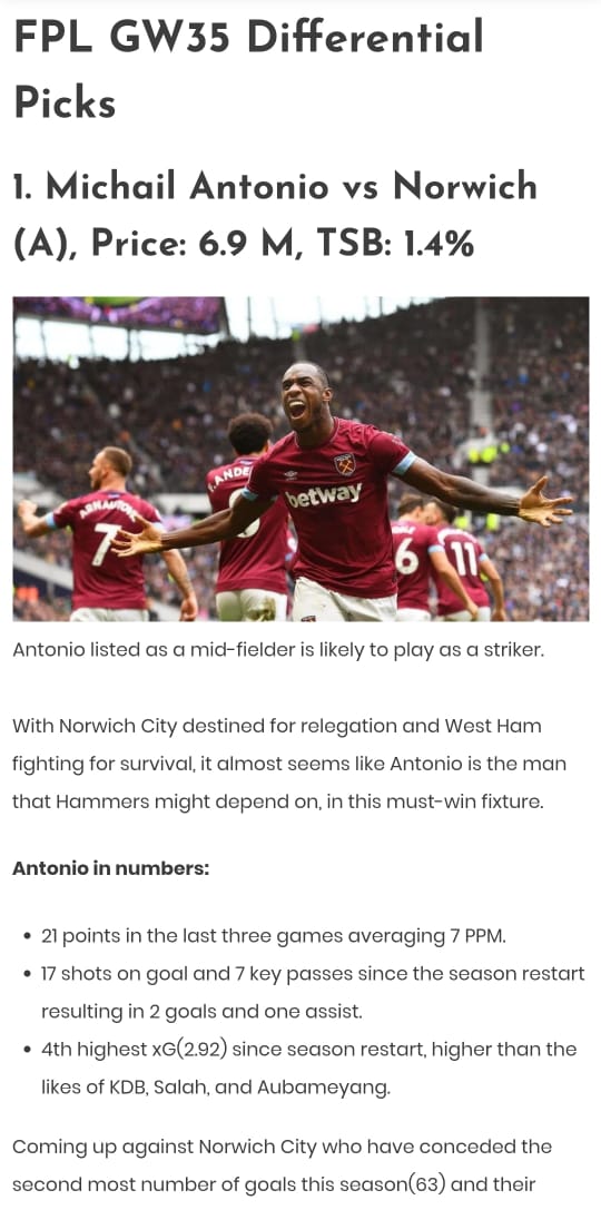 Believe it or not, Antonio was our top differential pick that week vs Norwich 