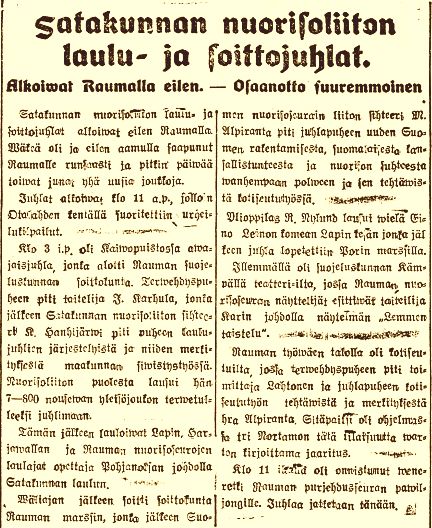 jouko_kokkonen's tweet photo. Satakunnan nuorison laulu- ja soittojuhlat alkoivat Raumalla. Turun Sanomat 11.7.1920 #Suomi1920 #itsenäisyys100 #Rauma #nuoriso #laulu #soitto https://t.co/kX2UDlBLun