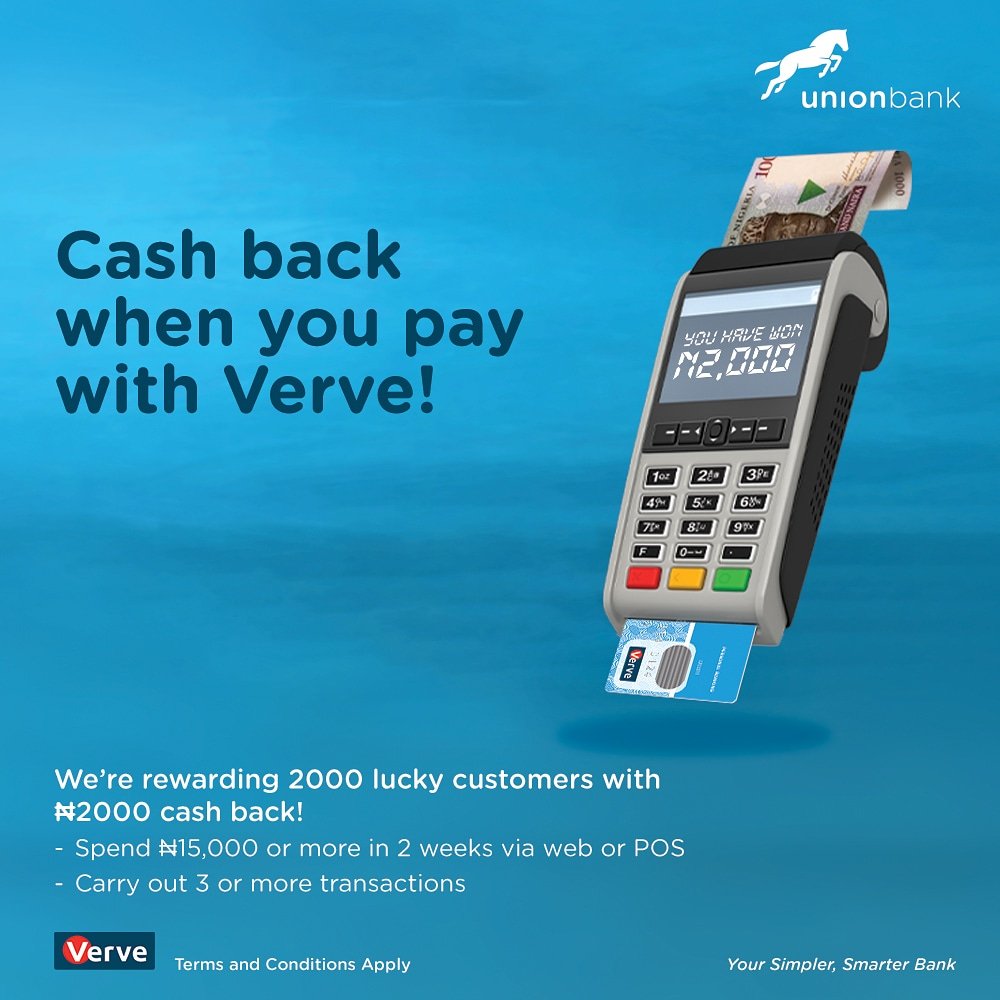 UNIONBANK_NG's tweet photo. Get N2,000 cash back when you pay with your Verve card. Call us to request for your Verve card.
Enjoy your shopping.
Terms and Conditions Apply.
#Verveard #UnionDeals #EasyShopping #UBNDiscounts #UnionBank #YourSimplerSmarterBank https://t.co/ZqsIJYPnQk