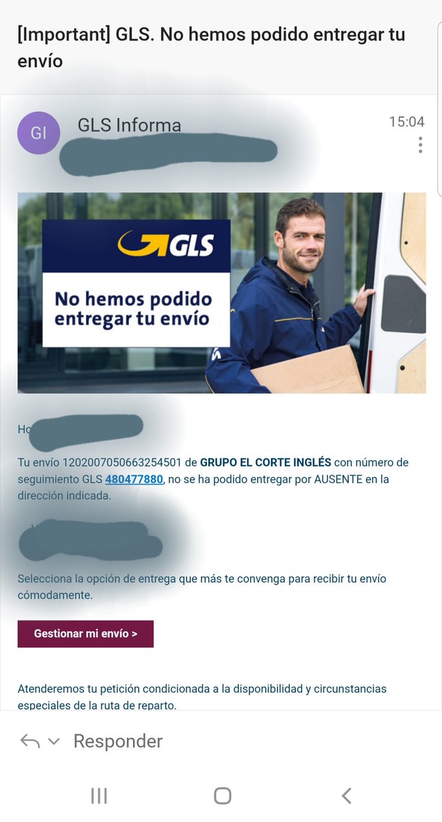 MarinetaLLoret's tweet photo. @GLS_clientes @elcorteingles
No se donde habrá acudido el repartidor pero a la dirección de entrega seguro que no 🤷🏼‍♀️ 
Estamos todo el día en casa 😔
#malservicio https://t.co/Sx5K4zEsFN