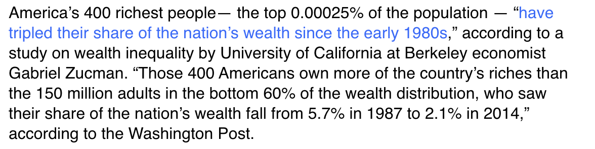 Someone asked me a few years ago what the major problem facing the US was (aside from environment) and I said, "Income inequality." From Yahoo finance pages: