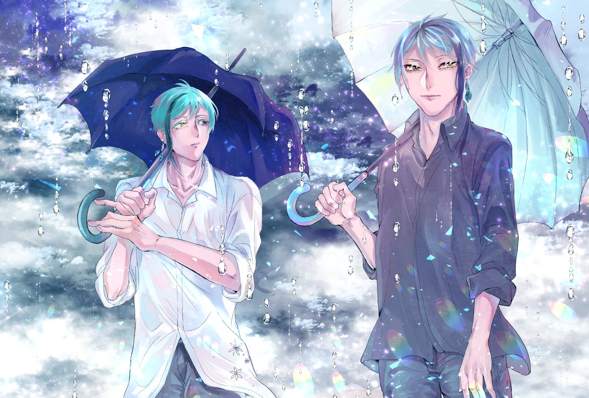 siblings multiple boys brothers 2boys umbrella heterochromia shirt  illustration images