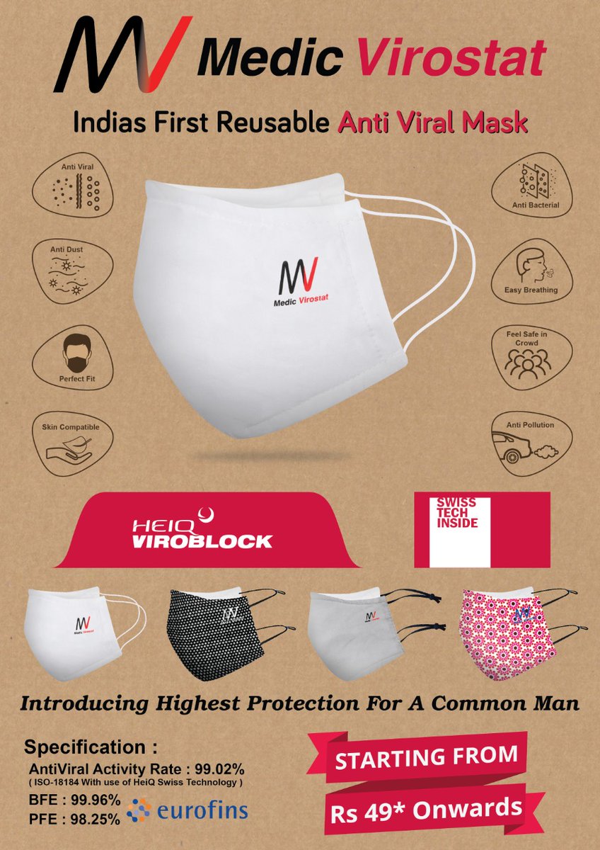 virostat's tweet photo. Buy now- Medic Virostat mask is available online - https://t.co/NmmhLB8NOh

The mask that protects us from viral disease.For further details please drop a mail to santhiya@shivatex.in.
#fabricmask #respiratorymask #antiviralmask #protective #reusable #washable #HealthAndSafety https://t.co/L8U25uGkkx