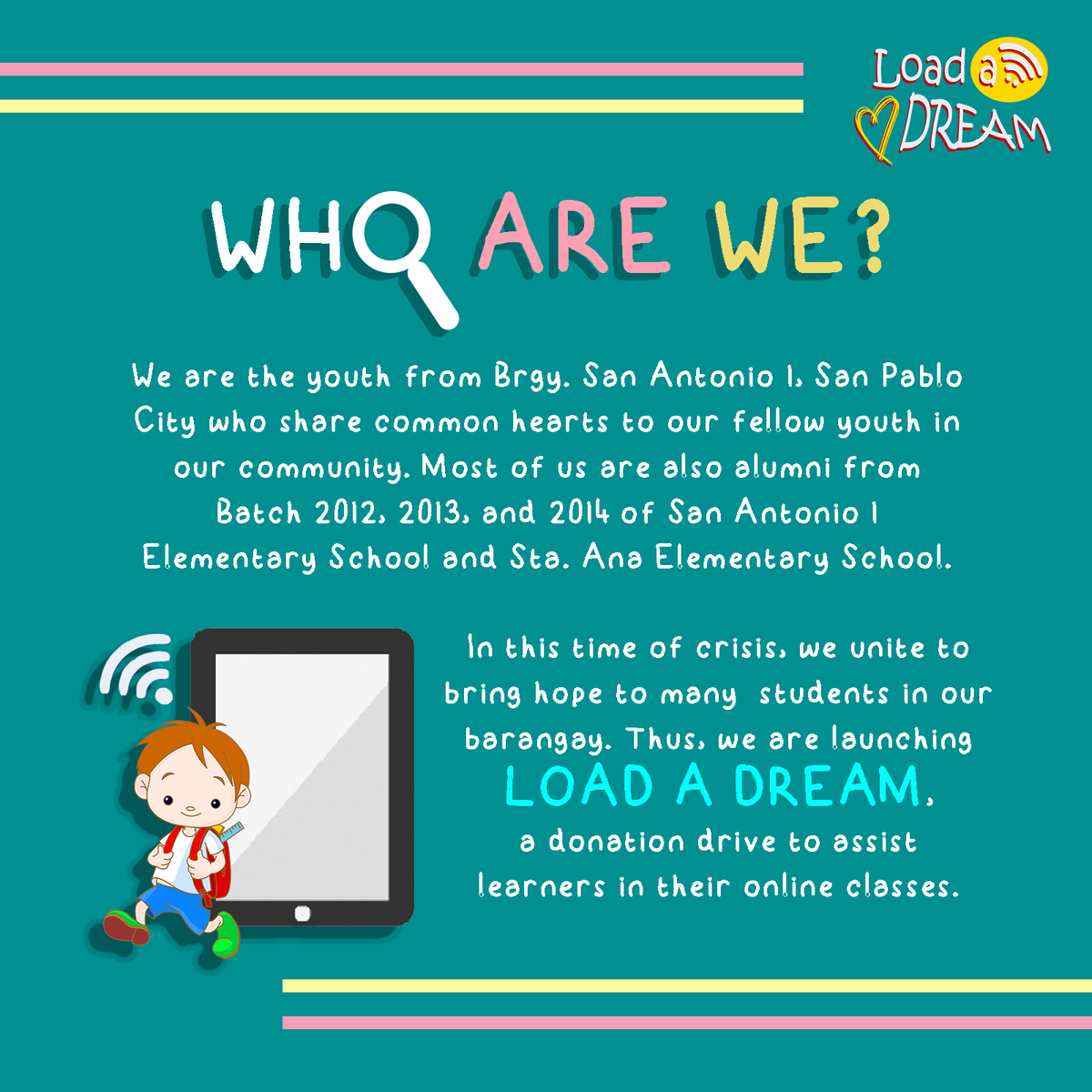 sarajoyceeeee's tweet photo. Nawa po ay matulungan ninyo kaming maisakatuparan ang hangarin naming matulungan ang mga estudyante ng Brgy. San Antonio 1 na nangangailangan ng gadget/load para sa kanilang online classes. Anumang uri ng pagsuporta ay higit naming tatanawing utang na loob 🤗🥺❤
#LoadADream https://t.co/uyRGIgH764