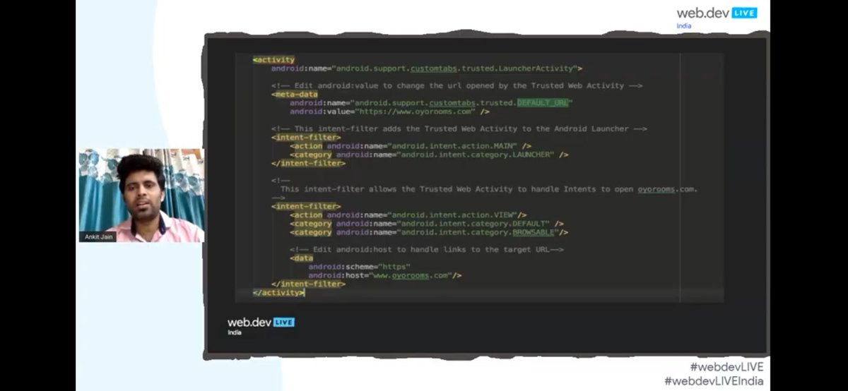 imsaurabhrajpal's tweet photo. Live code explanation by @AnkitJainOAJ from @oyorooms explaining how to build a #TWA (#WebInPlay) using your existing webapp!

&amp; also some gotchas &amp; pitfalls with their workarounds!

Join now 👇

https://t.co/QDp1MUQ6R4

#WebDevLiveIndia #webdevLIVE https://t.co/mf897kUK95
