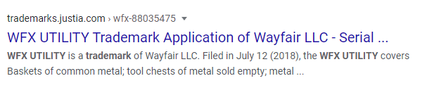 LynnMcGcom's tweet photo. @audpants Well sure, I mean if they say it's not true it must not be true. Because Epstein and Weinstein denied their guilt too. So yeah. But hey, isn't it weird that @Wayfair owns the trademark for #WFXUtility ? They're a retailer, not a manufacturer. Nothing surprises me anymore. https://t.co/o9VKuFWWJT