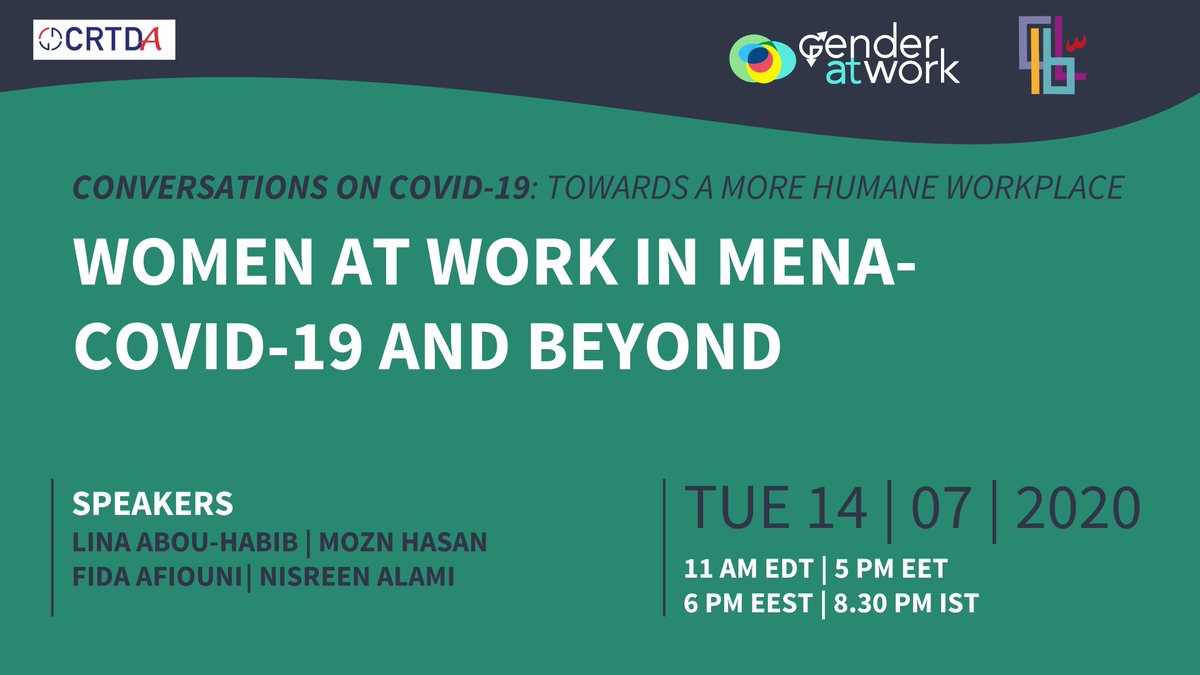 GenderatWork's tweet photo. #NewWebinarAlert - Women at Work in MENA: COVID-19 and beyond
Join us to discuss #womenatwork in #MENA, on Tuesday, July 14th at 11AM EDT/ 6pm EEST/ 8:30 pm IST.
#Register- https://t.co/iwMrkp4JwH
This conversation will be in Arabic with interpretation to English. https://t.co/RJj9t7UYLx