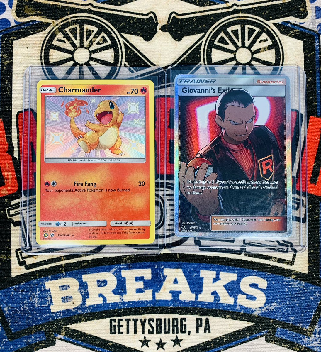 BattlefieldBb's tweet photo. We did our first Pokémon break last night! We broke 3 Hidden Fates tins. Here’s the better 2 cards we pulled! Join us on Facebook for more 🔥! @BattlefieldBb @Pokemon #Pokemon #pokemonbreaks #charmander #boxbreaks https://t.co/Q9YYDIcot1