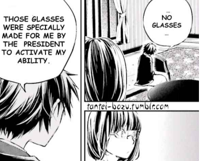 5. Comfort objects/stimming.Ranpo’s biggest comfort object is obviously his glasses from Fukuzawa. Without them, he shows a lot of distress, gets increasingly more upset, and argues with others, as shown in the ranpo vs poe chapter.