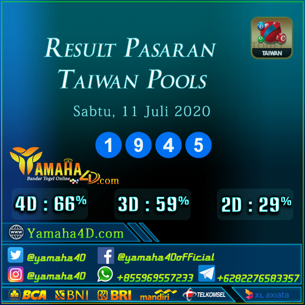 yamaha4d's tweet photo. Pengeluaran nomor pasaran Taiwan (TW) tanggal 11 Juli 2020
Result : 1945
Shio : Naga
Selamat kepada para pemenang!
Kunjungi kami juga disini : https://t.co/S4iUGhlOkb
#yamaha4d #togelhariini #jayatogel #totojitu #8togel #linetogel #afatogel #indotogel #totobet #king4d https://t.co/dO45ZSqUgU