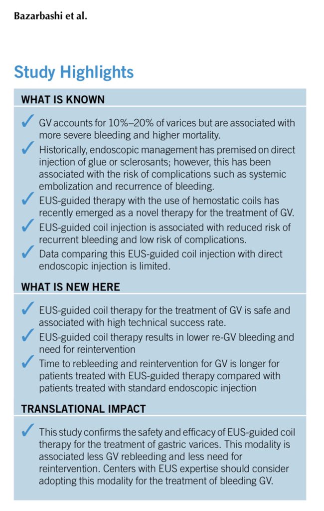 AhmadBazarbashi's tweet photo. Thank you @AmCollegeGastro for highlighting our study. For those interested, heres a summary of our @BrighamGI work comparing EUS guided coil embolization and absorbable gelatin sponge to traditional cyanoacrylate injection for bleeding gastric varices. https://t.co/sUfI2369xd