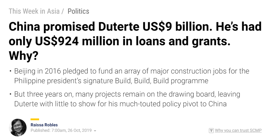He didn’t get what he wanted though. Peter’s Poon expected US$9 billion but had only US$924 million in loans and grants. Naisahan ka, ghurl?  https://www.scmp.com/week-asia/politics/article/3034666/china-promised-duterte-us9-billion-infrastructure-hes-had-only