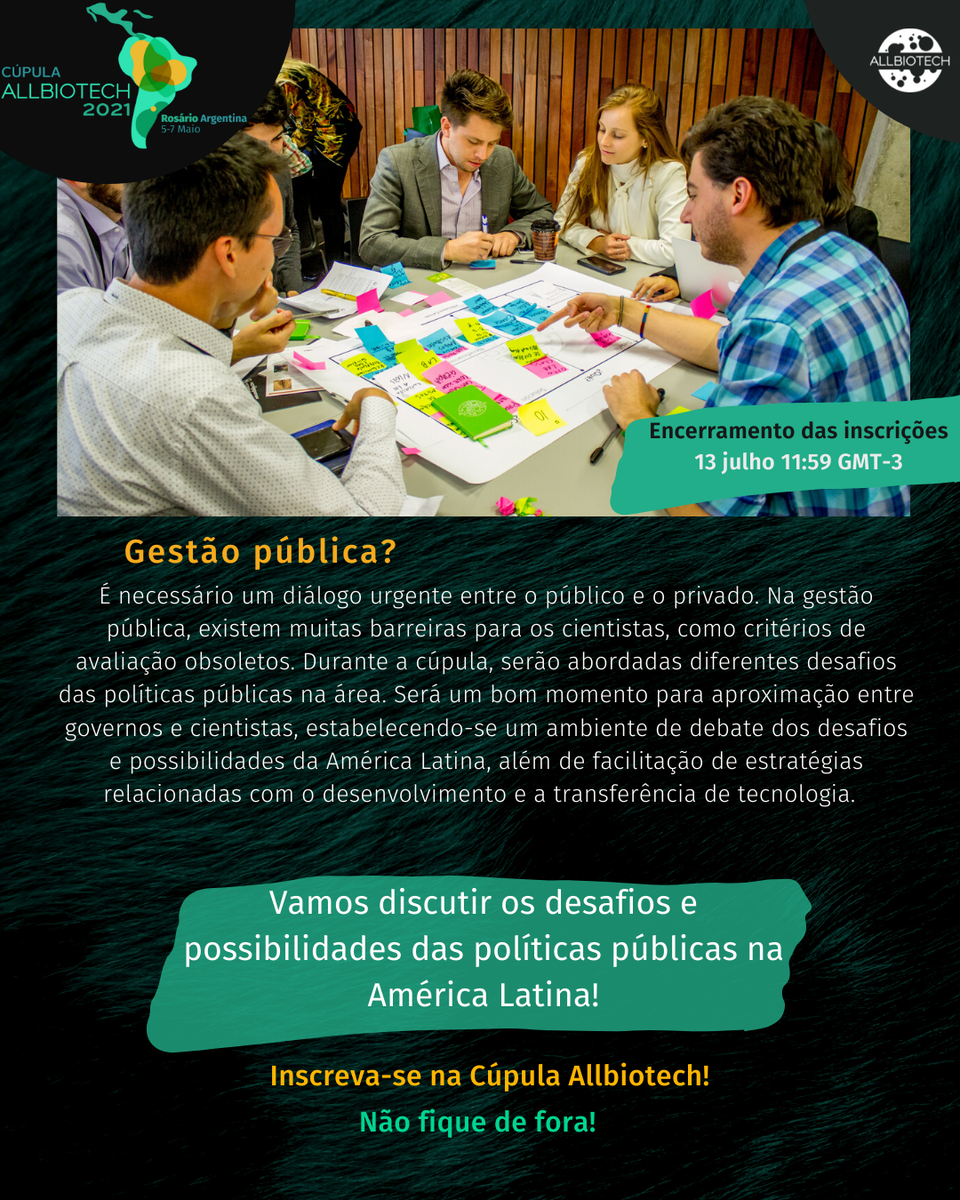 Procuramos modernizar as # eleições profissionais e modificar as # políticas que nos impedem.

Precisamos da sua ajuda para formular as políticas necessárias!

As inscrições são encerradas em 13 de julho às 11:59 GMT-3
📍 Ligações e bases em allbiotech.org