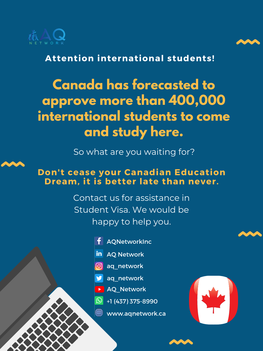 aq_network's tweet image. If you require help in finding a college and program in Canada, partner with us. We will help you secure the offer of admission and represent your study permit application with CIC.

#StudentDirectStream #SDS #StudyinCanada #StudyAbroad #AQ_Network #AQNetworkInc #StudyVisa