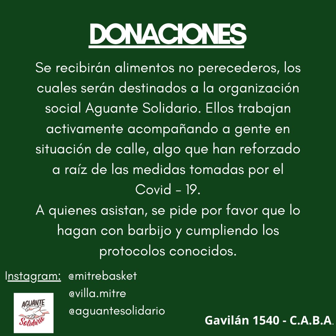 MitreBasket's tweet photo. Recuerden que hoyde 16 a 18hs y mañana de 15 a 17hs se estarán recibiendo alimentos no perecederos. Los mismos serán destinado a la organización social Aguante Solidario. Respetemos todos los protocolos sanitarios y la distancia social. Los esperamos. https://t.co/vFTB6C6uud