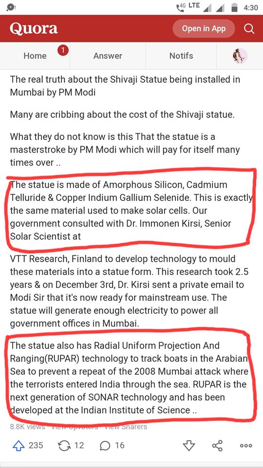 pratiklata's tweet photo. The girl DID NOT make fun of Chhatrapati Shivaji Maharaj. She DID NOT make fun of his statue. She DID NOT make fun of your religion.
She made fun of the rumours surrounding the upcoming statue in the Arabian Sea. I found the Quora post she's talking about in her stand-up. https://t.co/kKqmx01UAn