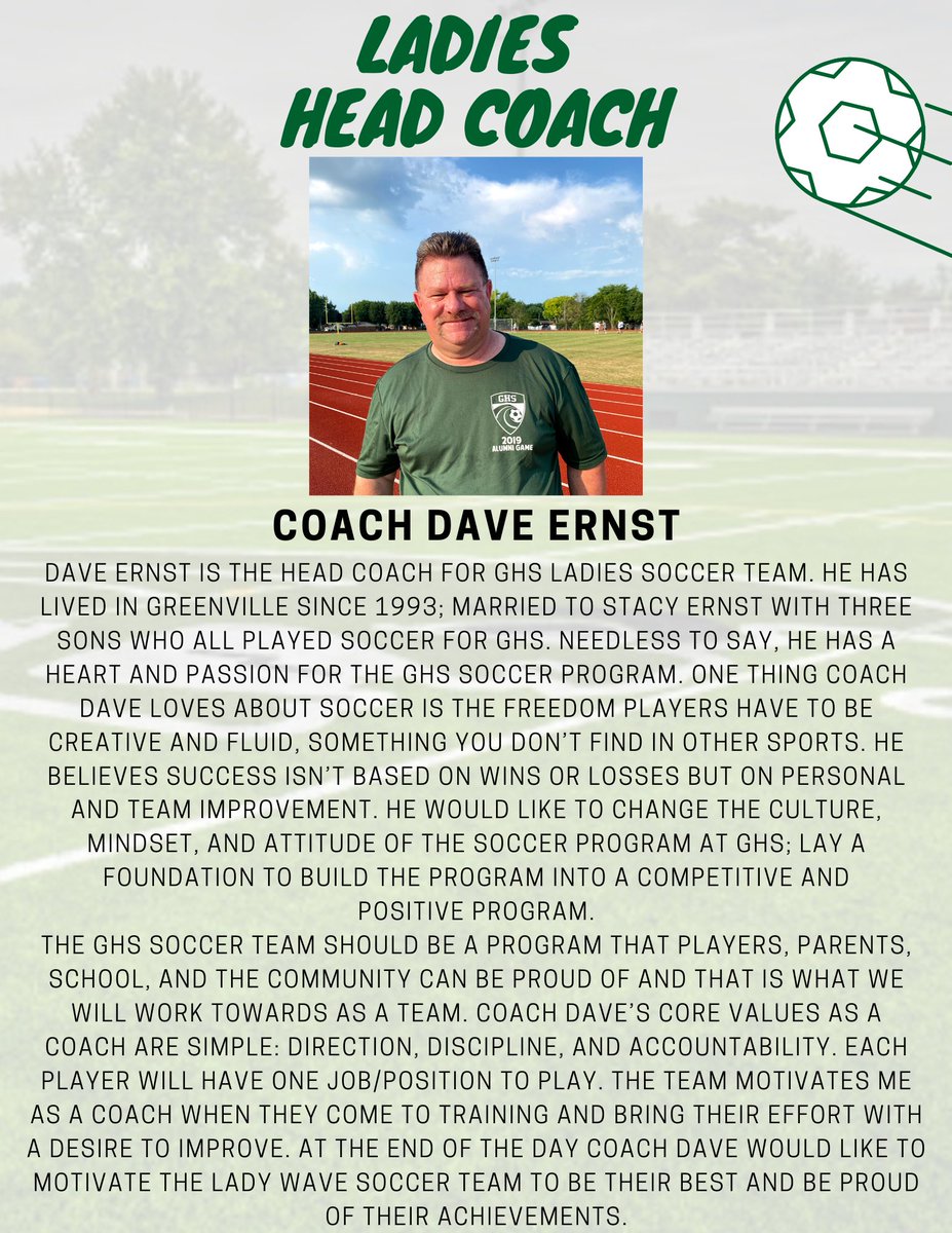 GHSWaveSoccer's tweet photo. Say hello to our Ladies Head Coach Dave Ernst👏🏻 Its gonna be a great season!
#ghs⚽️
#GoWave🌊
#GreenWaveSoccer🌊⚽️
#DevelopingTheFuture
#GreenWave🌊
#WavePride🌊
#WaveAthletics🌊
#WaveSoccer🌊⚽️ https://t.co/ndS2RJK5i6