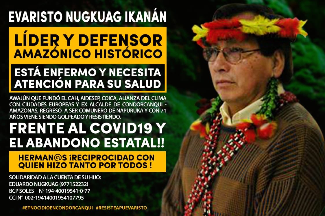 Evaristo Nugkuag, líder histórico de la amazonía peruana (fundador de @coicaorg y @aidesep_org ), está con #Covid_19. El pronóstico es incierto y hay que ayudarlo de urgencia. @Minsa_Peru @presidenciaperu @WWF_Peru @amazonwatch @AmnistiaOnline @CNNEE