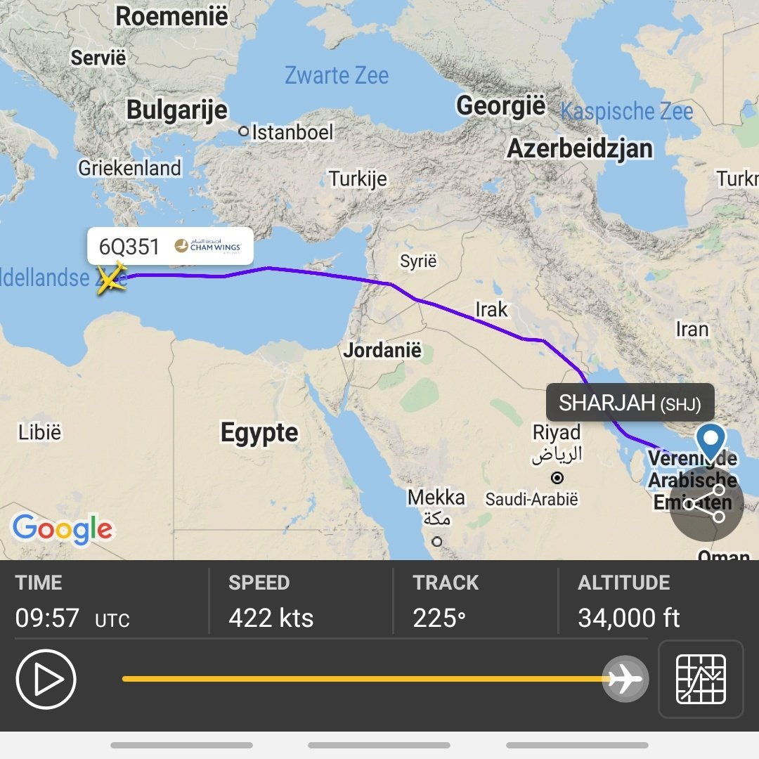 Gerjon_'s tweet photo. Notorious Syrian Cham Wings passenger aircraft YK-BAG flew direct from 🇦🇪#Sharjah, UAE to #Libya (est. 🇱🇾#Benghazi) this morning and is returning now.

In contrast to freighters, he flew via 🇮🇶#Iraq and 🇸🇾#Syria instead of 🇸🇦#SaudiArabia.

#SAW351 #SAW352 https://t.co/vtVjpeXR3F