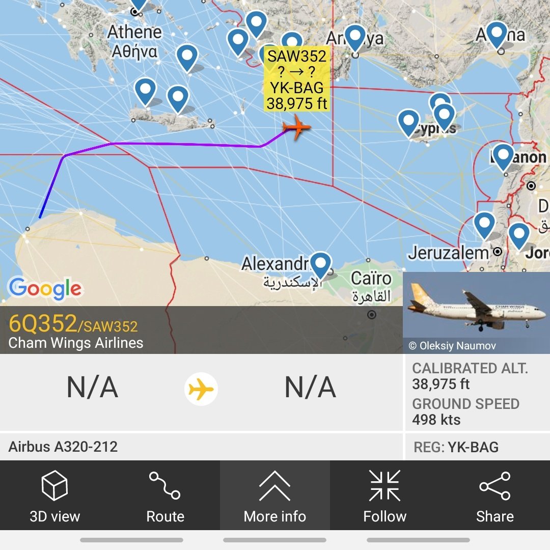 Gerjon_'s tweet photo. Notorious Syrian Cham Wings passenger aircraft YK-BAG flew direct from 🇦🇪#Sharjah, UAE to #Libya (est. 🇱🇾#Benghazi) this morning and is returning now.

In contrast to freighters, he flew via 🇮🇶#Iraq and 🇸🇾#Syria instead of 🇸🇦#SaudiArabia.

#SAW351 #SAW352 https://t.co/vtVjpeXR3F