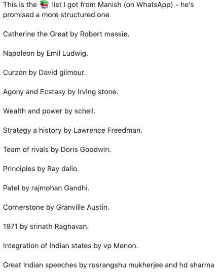 Here is a list of books Manish recommended. Biographies rule! (something I have seen in other sharp minds as well).11/12