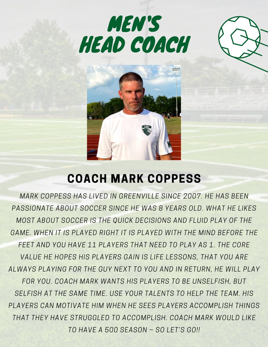 GHSWaveSoccer's tweet photo. Say hello to our Men’s Head Coach Mark Coppess👏🏻
A game played with the mind before the feet ~ Let’s Go💪🏻
#ghs⚽️
#GoWave🌊
#GreenWaveSoccer🌊⚽️
#DevelopingTheFuture
#GreenWave🌊
#WavePride🌊
#WaveAthletics🌊
#WaveSoccer🌊⚽️ https://t.co/7aBqDmxLwl