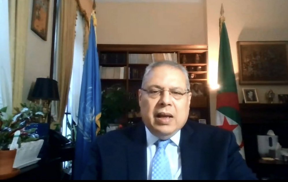 AlgeriaUN's tweet photo. PR. Sofiane Mimouni speaking at the closing session of #VirtualCTWeek: stated that as we are commemorating #UN75 anniversary, we need to renew our commitment to #multilateralism, to ensure a better response to global #terrorism & violent_extremism in context of #COVID19 pandemic. https://t.co/IUOCJMXuB1