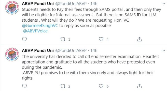 aman15078's tweet photo. The most shameless and hypocrite student’s union in the world. They celebrate cancellation in Pondicherry but after the Ugc guidelines which manipulated them, they want Exams for Students. #ShameOnABVP Students must stop supporting these illiterate and sycophant People. https://t.co/H8pL0sfVeF