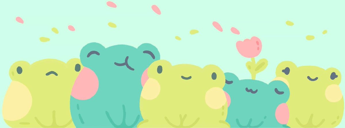 A drawing of a five cute frogs huddled together