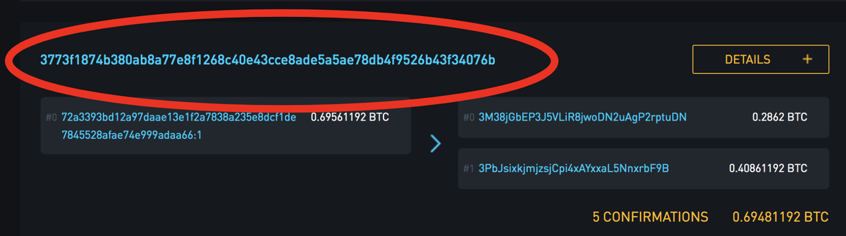 The first part you should know about is the Transaction ID, also known as the TXID (circled in red).This is used to uniquely identify a transaction, and it comes from taking the SHA-256 Hash of the transaction data twice.