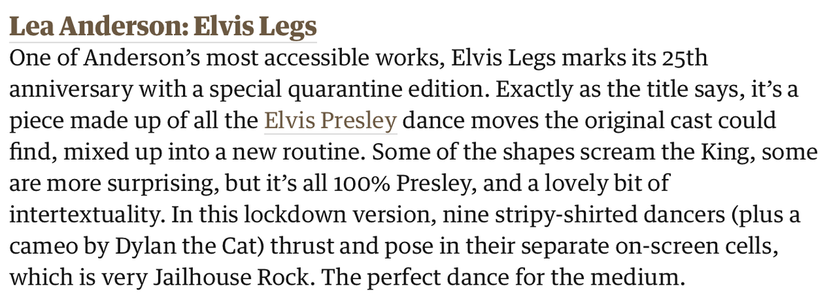 PDSW_org's tweet photo. 💥Rocking Review in @guardian 👏Congratulations Lea! @LACholmondeleys The Elvis Legs (Quarantine Mix) Experience streaming this weekend. 🎟️https://t.co/4qKrslT4pH
@nicholaspinnock
@AndersDuckworth 
@harryaalexander 
@MahoIhara 
@patricialanga 
@GeorgiaRedgrave https://t.co/KaiiVVUuGF