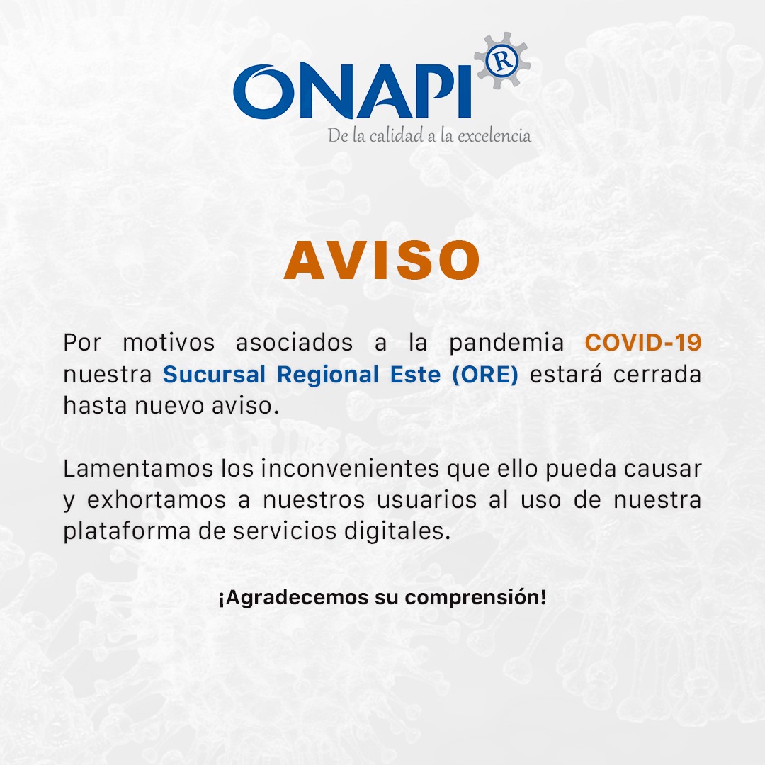 OnapiRD's tweet photo. Aviso||
Suspensión Servicios en Oficina Regional Este (ORE), hasta nuevo aviso.
#ONAPIteInforma https://t.co/dZKNfUt1cJ