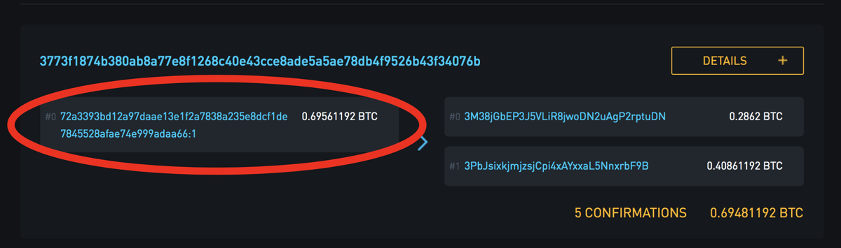Ok so we've identified the TXID and the Outputs, now lets take a look at the Input to this transaction, which is on the left.Transactions can have multiple inputs, but this transaction has just one single Input, worth 0.69561192 BTC.