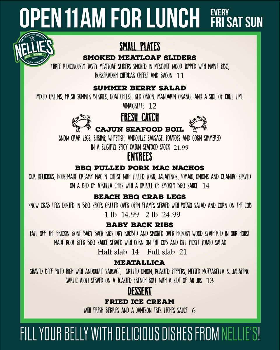 DurtyNellies's tweet photo. Don't forget! We are open for lunch at 11am every Friday, Saturday and Sunday! Check out this weekend's specials! #nellies #durtynellies #rooftop #palatine #gastropub #concerthub #craftdrafts #deliciousdishes #openforlunch #smokedbbq #bbq https://t.co/te9sAWNCQF
