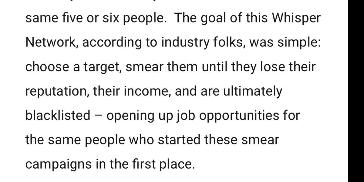 Problematically for the publisher, the article went a step further and alleged - without citing or establishing proof - that the purpose of this Whisper Network was to open up job opportunities to personally benefit those in the network. Well. Now we have a legal liability. 5/