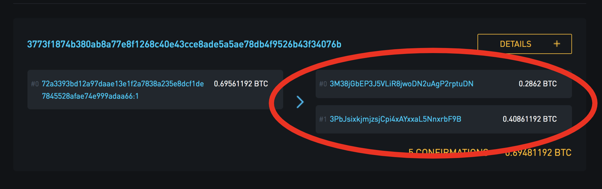 Next lets look at those two entries on the right. These are the Outputs (recipients) of the transactionThe recipients are identified by those jumble of numbers and letters that start with a 3.These are bitcoin addresses, and you can think of them kinda like email addresses