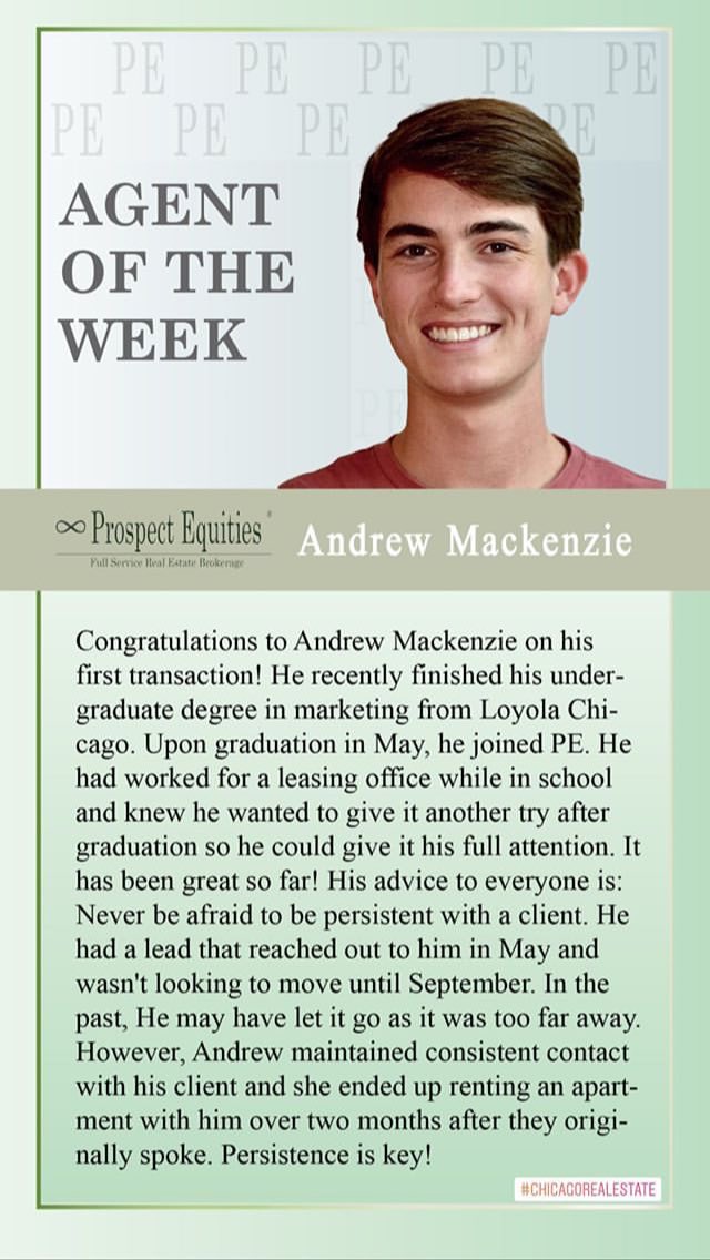 PrEq's tweet photo. Congrats to PE Agent of the Week Andrew Mackenzie on closing his first deal this week Prospect Equities® @PrEq #Chicago #PE #ProspectEquities #RealEstate #dedication #drive #agent #Producer https://t.co/W4WSJ6Ebz7