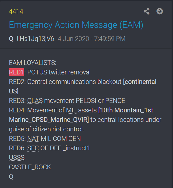 Red 4 we have Marines in NG attire or police attire move in under the guise of riot control. Red 5 dept heads and mil moved to com central ie bunker control room for safety and coms. Red 6 the sec of defense then orders US SS to castle rock or on castle rock [AF1}?