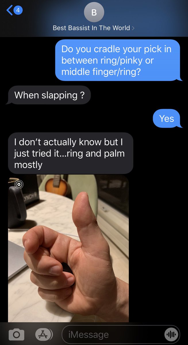 nycjamgal's tweet photo. Correction: Mike texted to say he holds his pick between βring and palmβ when #slappingthebass #thanksMike #bestbassistintheworld https://t.co/5b1l2BPb1j