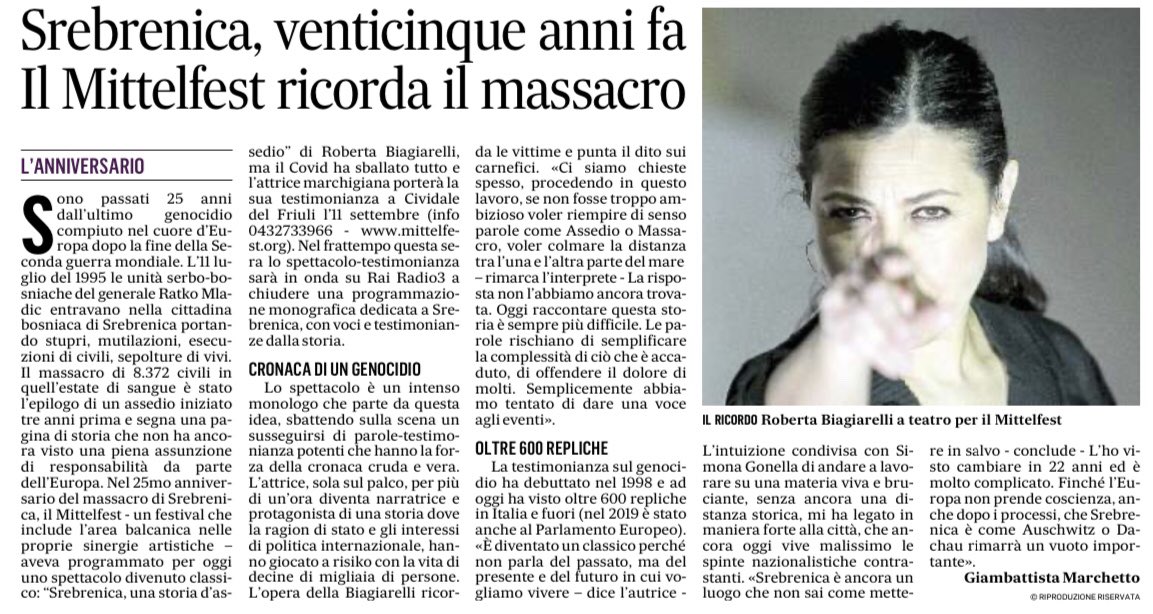 Oggi, 25 anni fa, il massacro di #Srebrenica
Per Il <a href="/Gazzettino/">Gazzettino</a> ne ho parlato con Roberta Biagiarelli che da 22 anni si “impiccia” dell’ultimo genocidio in Europa dopo la seconda guerra mondiale
<a href="/babeliac/">Babelia & C.</a>