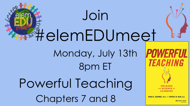 MarkNechanicky's tweet image. Learn about #retrievalpractice and other power tools from #powerfulteaching by @PatriceBain1 @PoojaAgarwal on Mon. July 13, 8PM ET w/ #elemEDUmeet. Don't have the book? No problem, join and see what it is about. Not elementary? Our summer book discussion is open to everyone.
